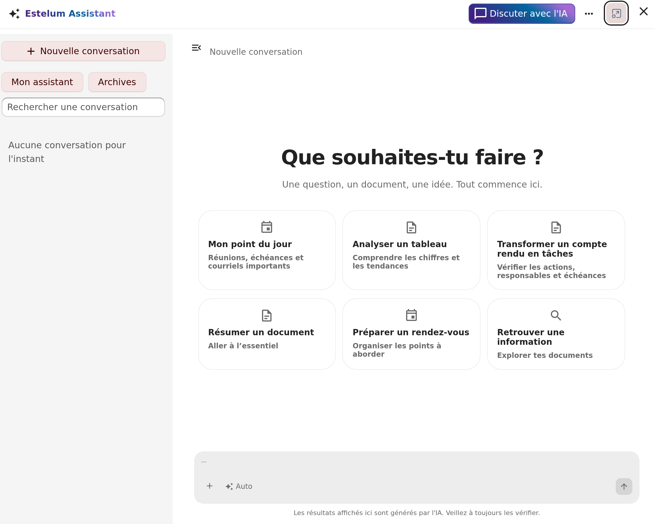 L’accueil Estelum Assistant : nouvelle conversation, Mon assistant, suggestions de départ et barre de saisie claire