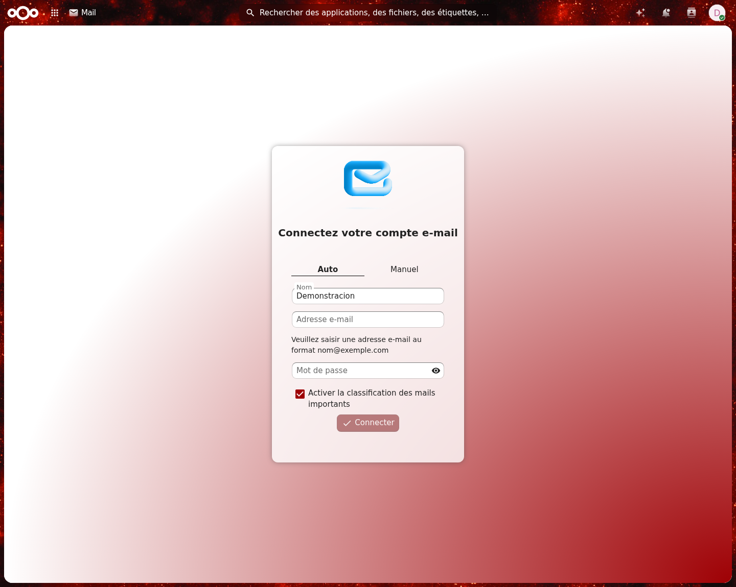 Configurer votre boîte mail : le nom du serveur, votre adresse complète et votre mot de passe de messagerie