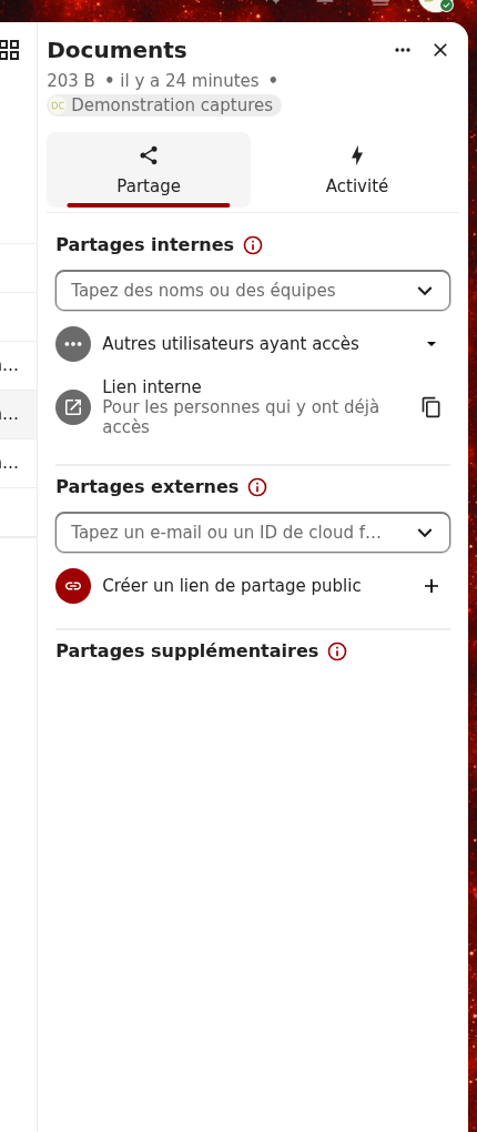 Le panneau de partage d'un dossier : partages internes par nom ou équipe, partages externes par email, et création d'un lien de partage public
