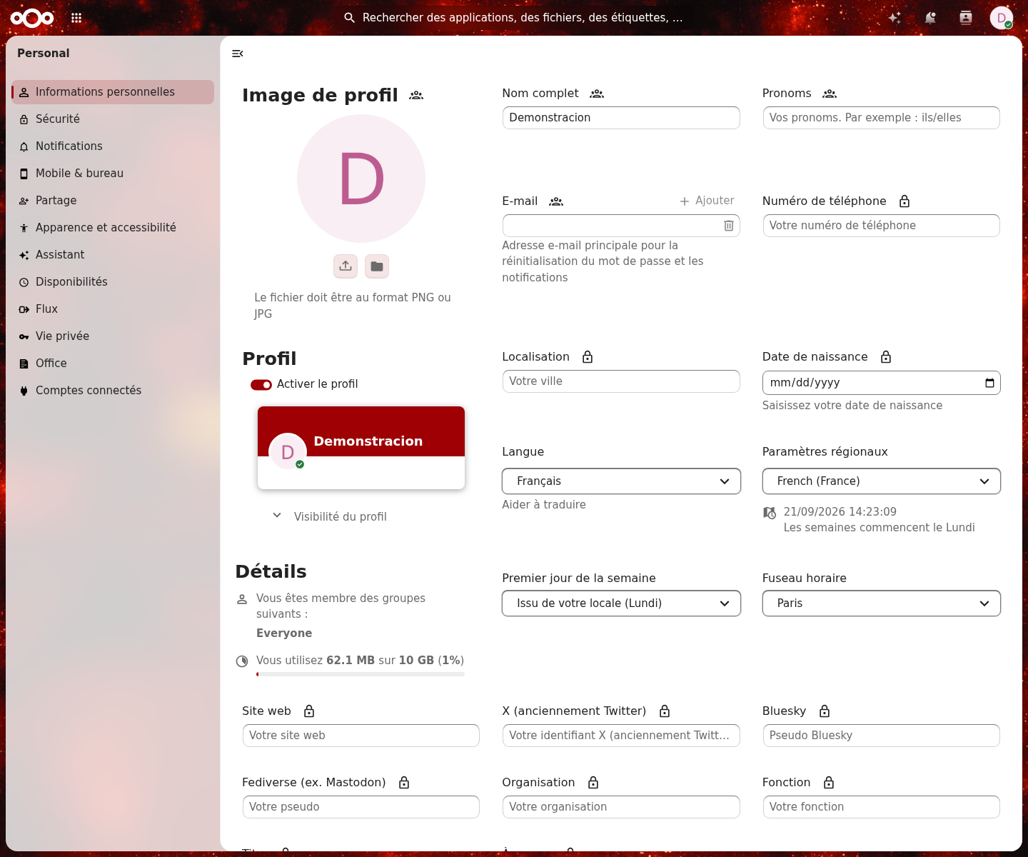 Vos informations personnelles : profil, groupes d'appartenance et espace utilisé sur votre quota