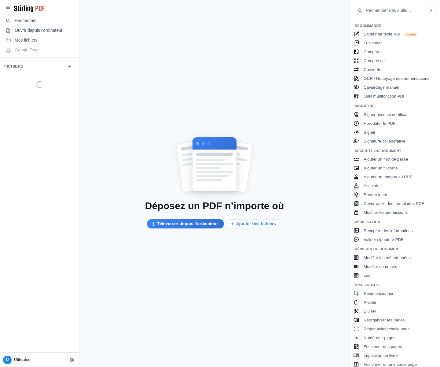 L'interface de Stirling PDF : les outils classés par catégories (recommandé, signature, sécurité, vérification, mise en page)